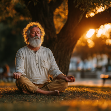 Група літніх людей практикує йогу у природному середовищі